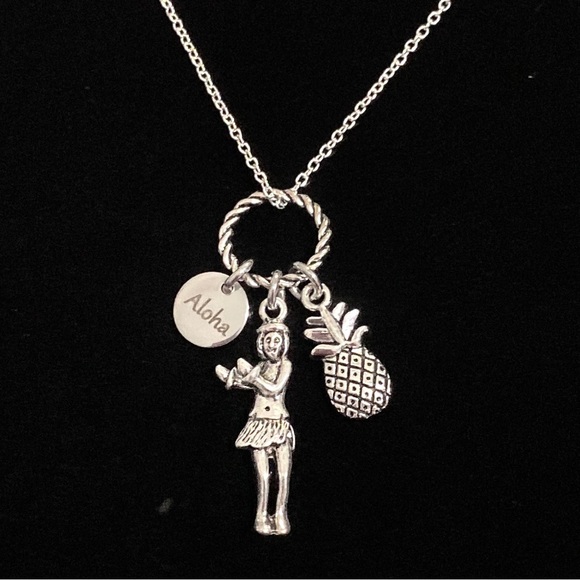 Hawaiian Charm Necklace Hula Girl Aloha Pineapple - Picture 1 of 6